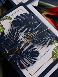 Monstera Paradise Destination Wedding Laser Cut Invitation with Gold Foil frame + Lined Envelope