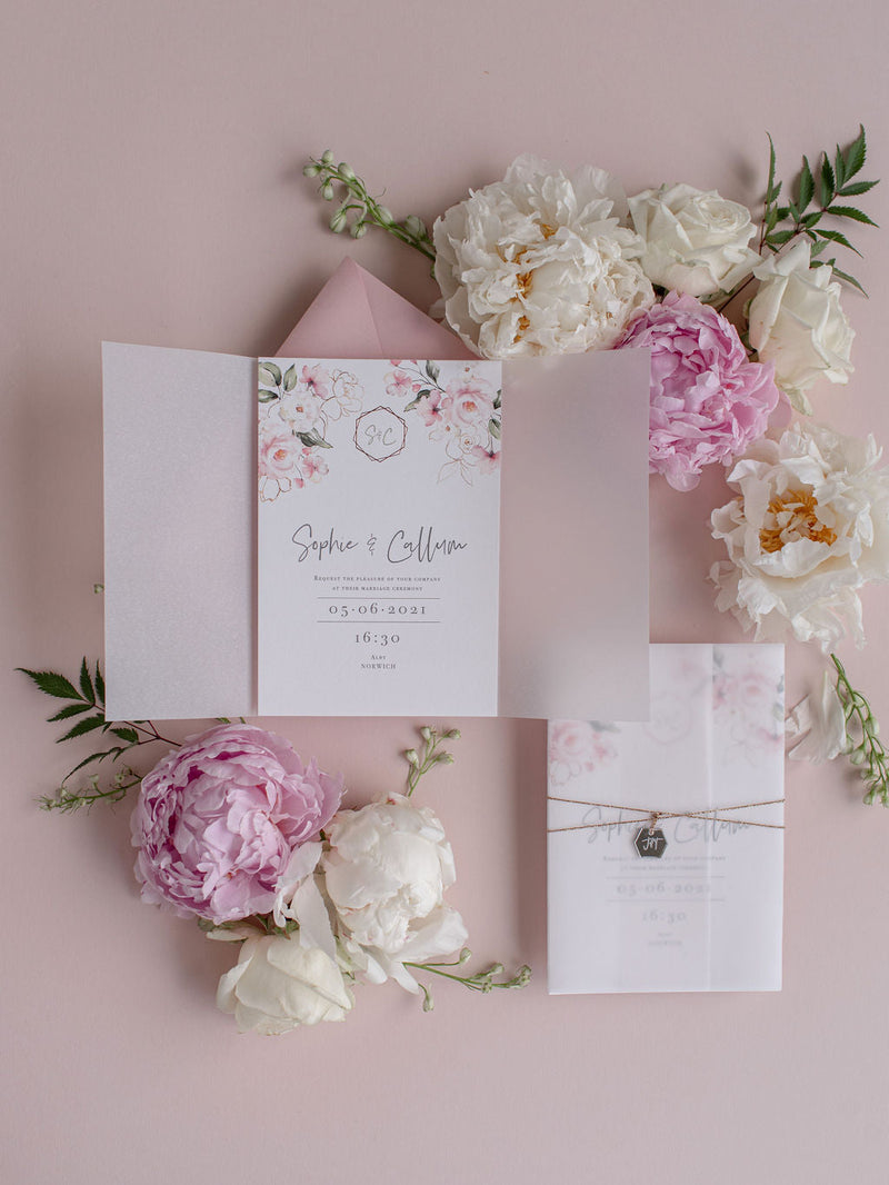 Invito per il giorno in pergamena e RSVP │Fiore di peonie rosa acquerello │ Plexiglass specchiato argento
