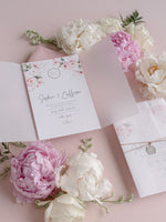 Invito per il giorno in pergamena e RSVP │Fiore di peonie rosa acquerello │ Plexiglass specchiato argento