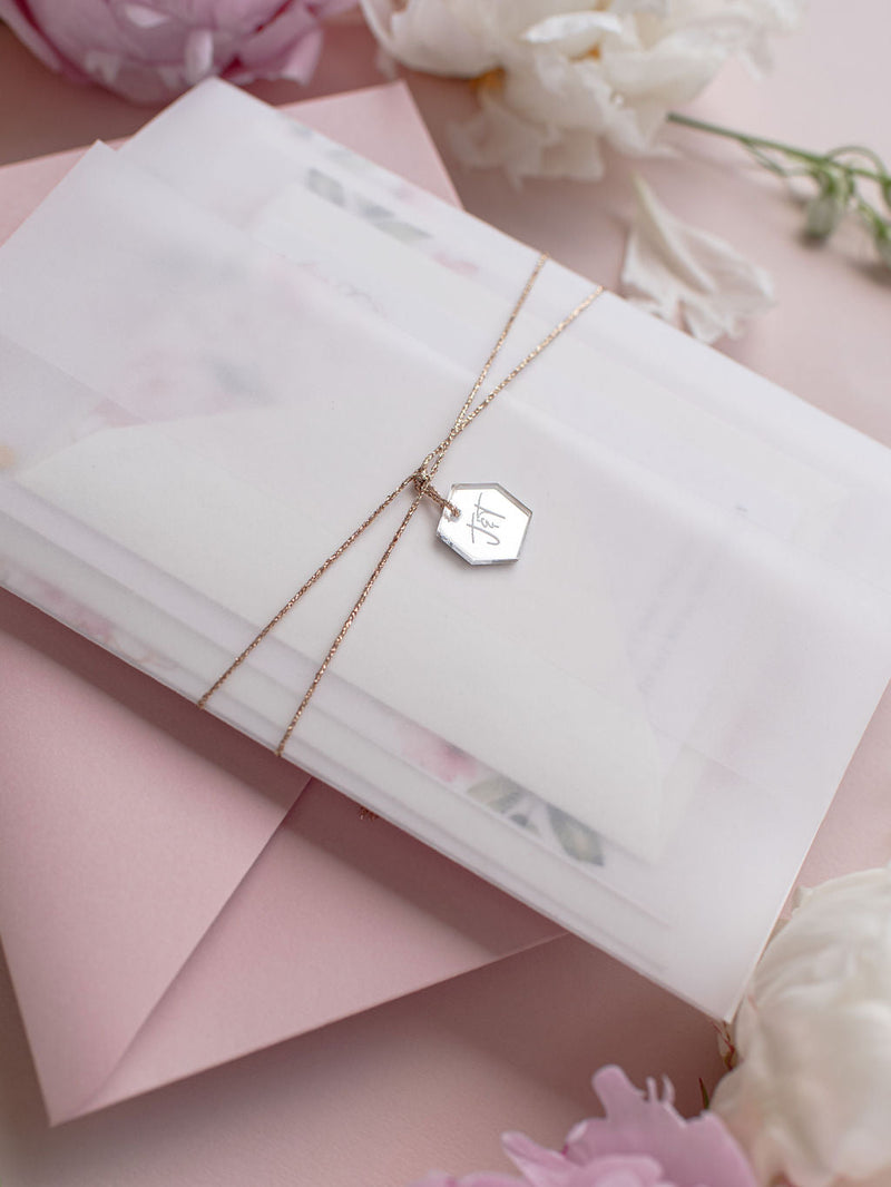 Invito per il giorno in pergamena e RSVP │Fiore di peonie rosa acquerello │ Plexiglass specchiato argento