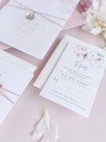 Invito per il giorno in pergamena e RSVP │Fiore di peonie rosa acquerello │ Plexiglass specchiato argento