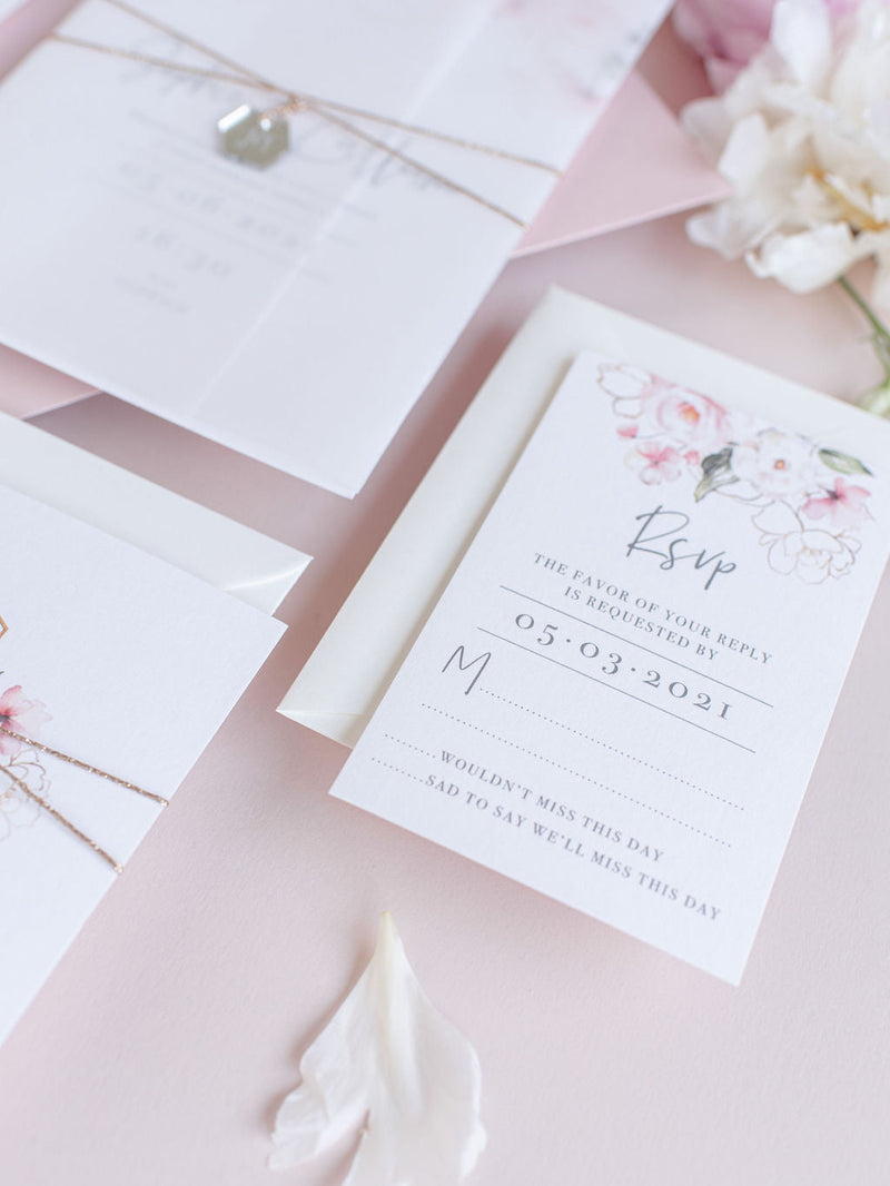 Invito per il giorno in pergamena e RSVP │Fiore di peonie rosa acquerello │ Plexiglass specchiato argento