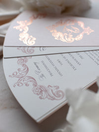 Regal Wedding Petal Program Fan, Unique Order of Day, Order of Service, Unique Luxury Foil Monogram