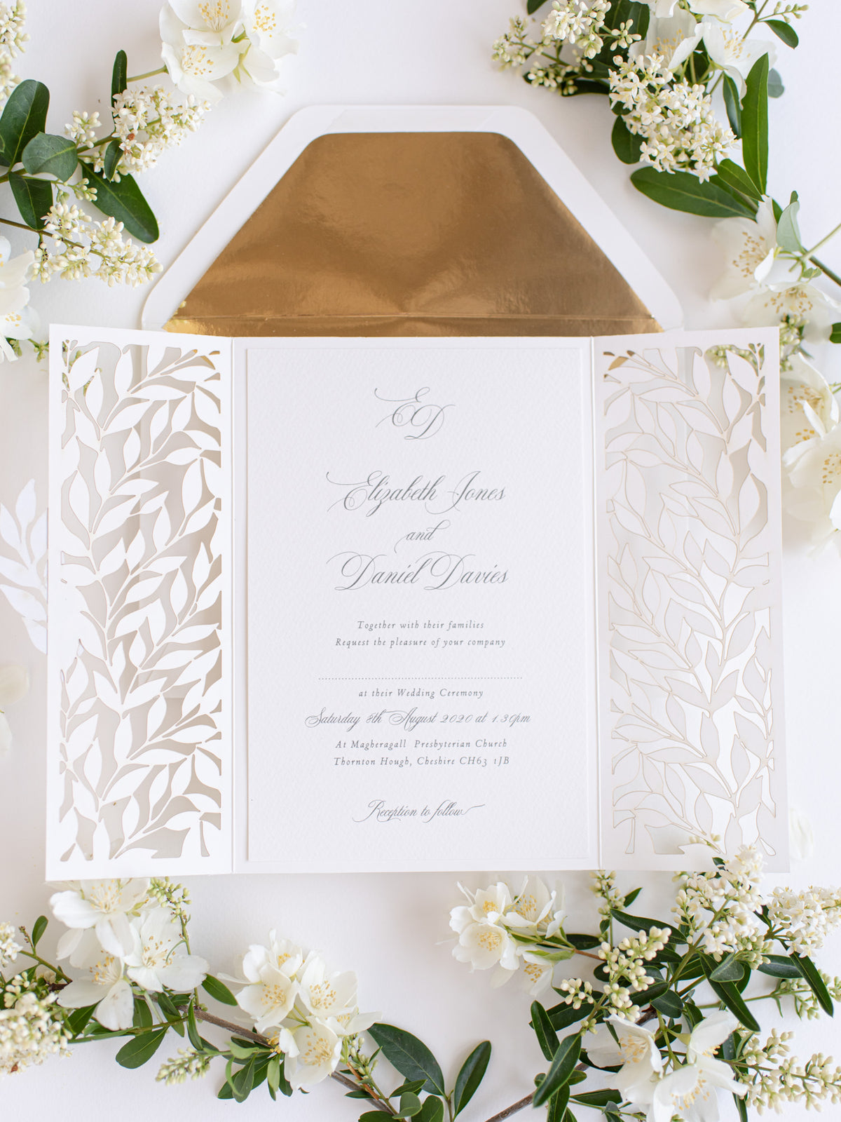 Classically Ivory Arch Gatefold with Intricate Laser Cut Leaf and Gold Foil Lace Day Invitation