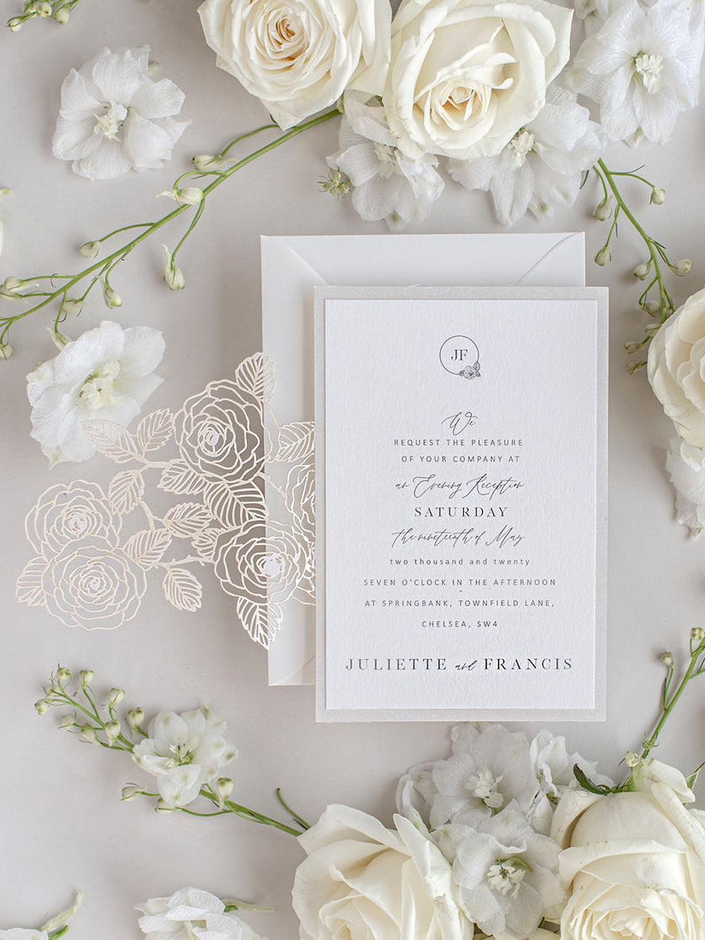 Intricate Laser Cut Rose Detail Evening Invitation