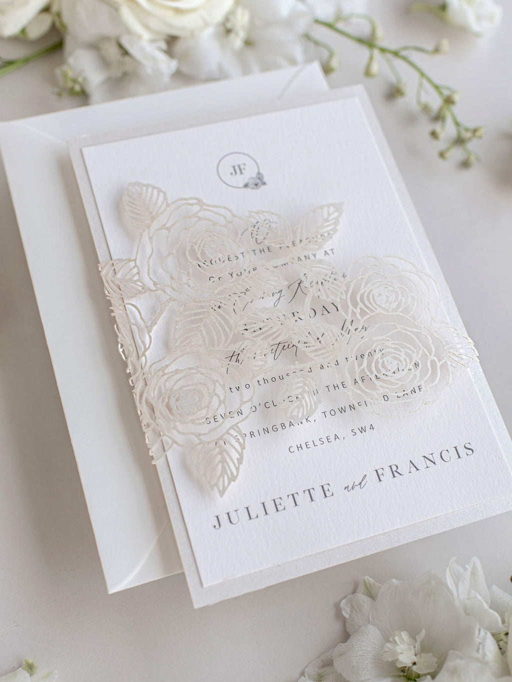 Intricate Laser Cut Rose Detail Evening Invitation