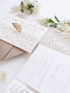 Pocket with 4 inserts in White Arch Gatefold with Intricate Laser Cut Leaf and Gold Foil