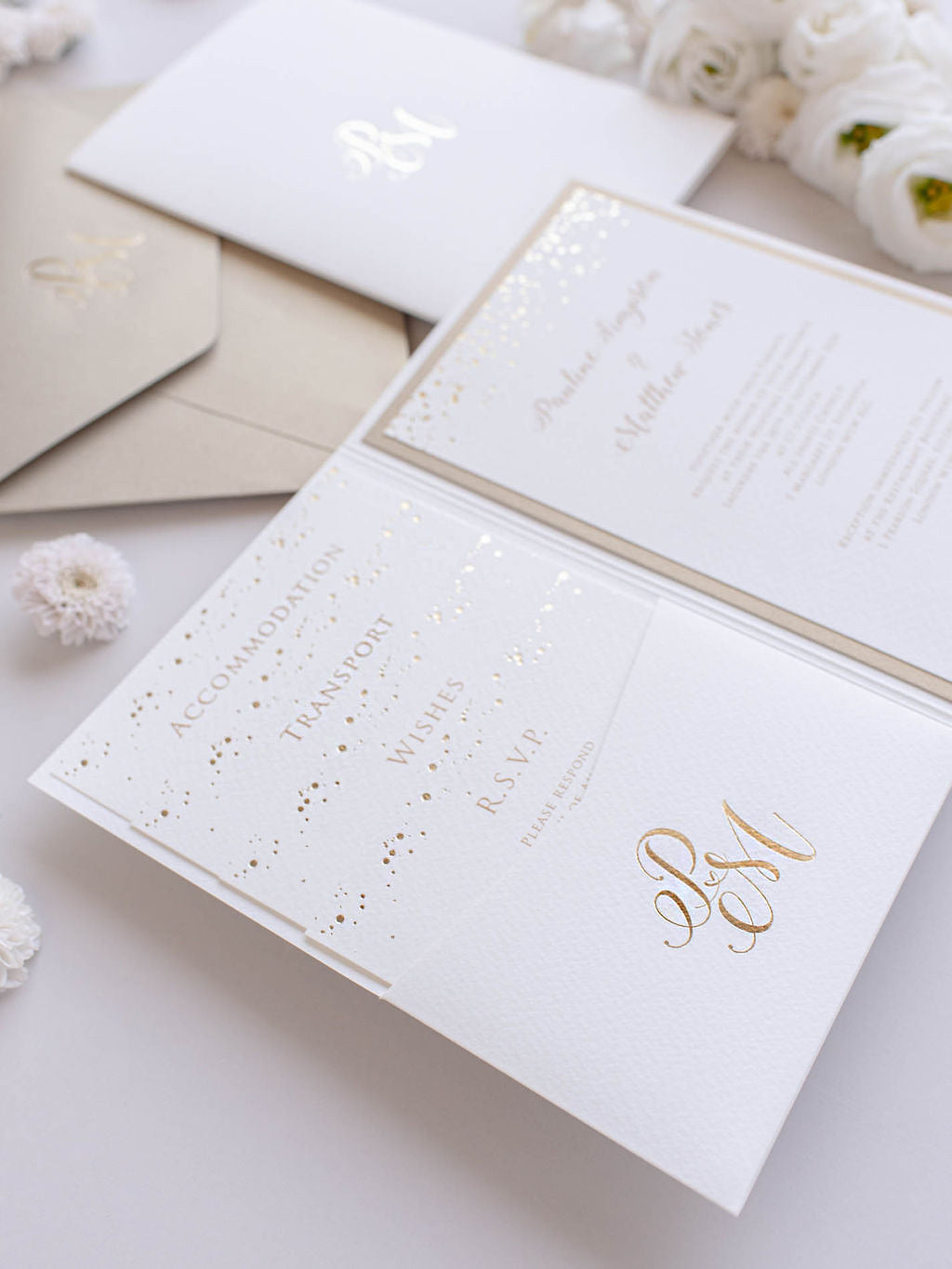 Luxury Royal Gold Foil Confetti Dreated Gold and White Pocket Fold Wedding Invitation Suite