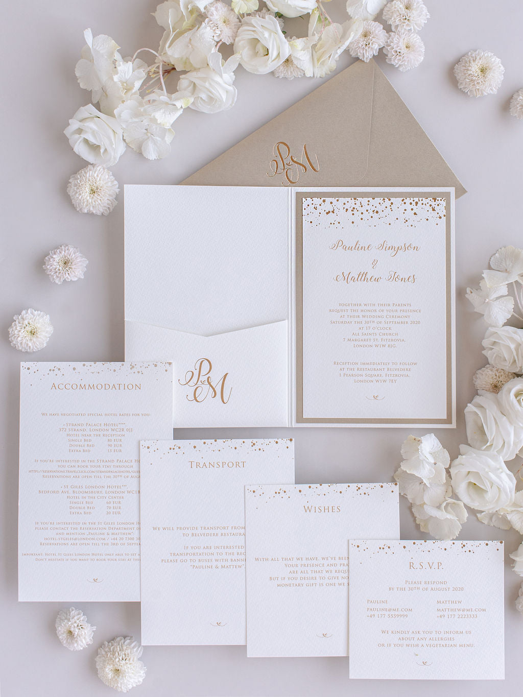 Luxury Royal Gold Foil Confetti Dotted Gold and White Pocket fold Wedding Invitation Suite