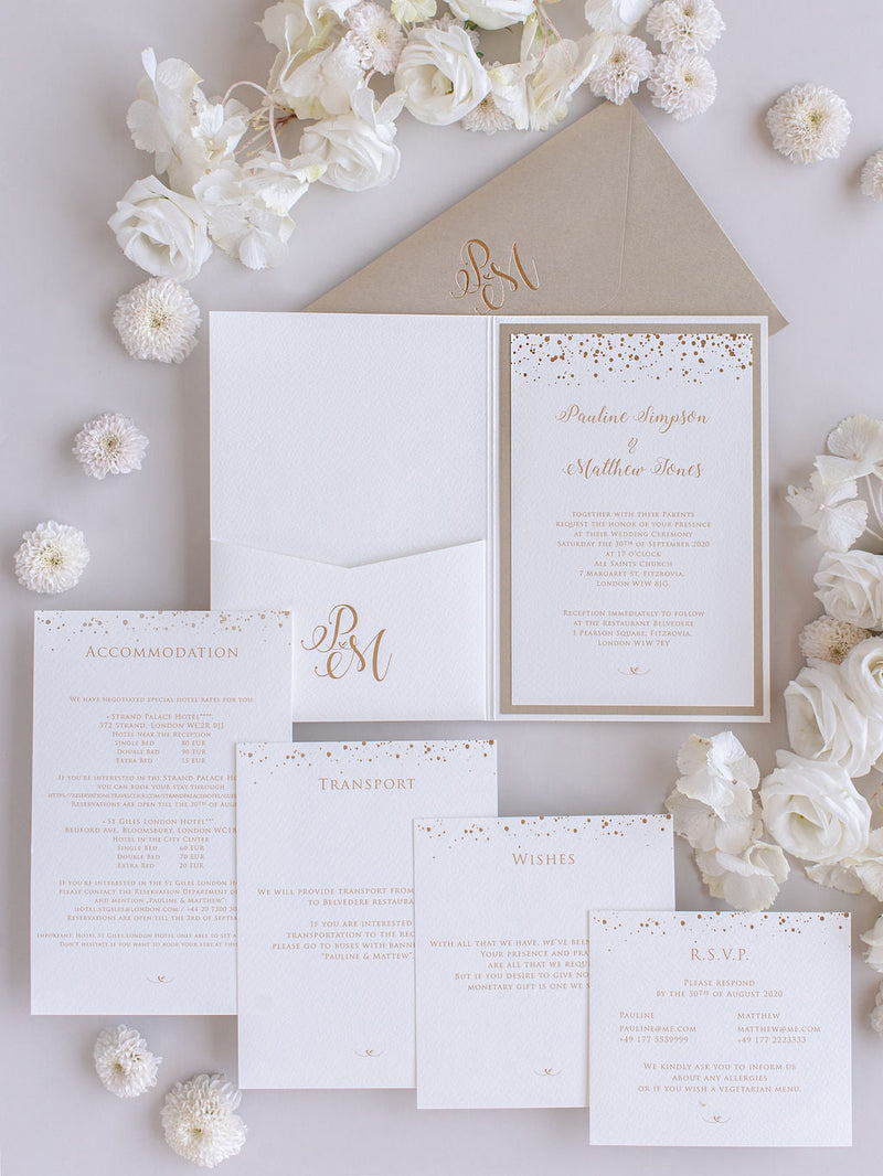 Luxury Royal Gold Foil Confetti Dotted Gold and White Pocket fold Wedding Invitation Suite