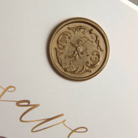 Gold Wax Seal Calligraphy Style Save the Date with Luxury Gold Foil Trim