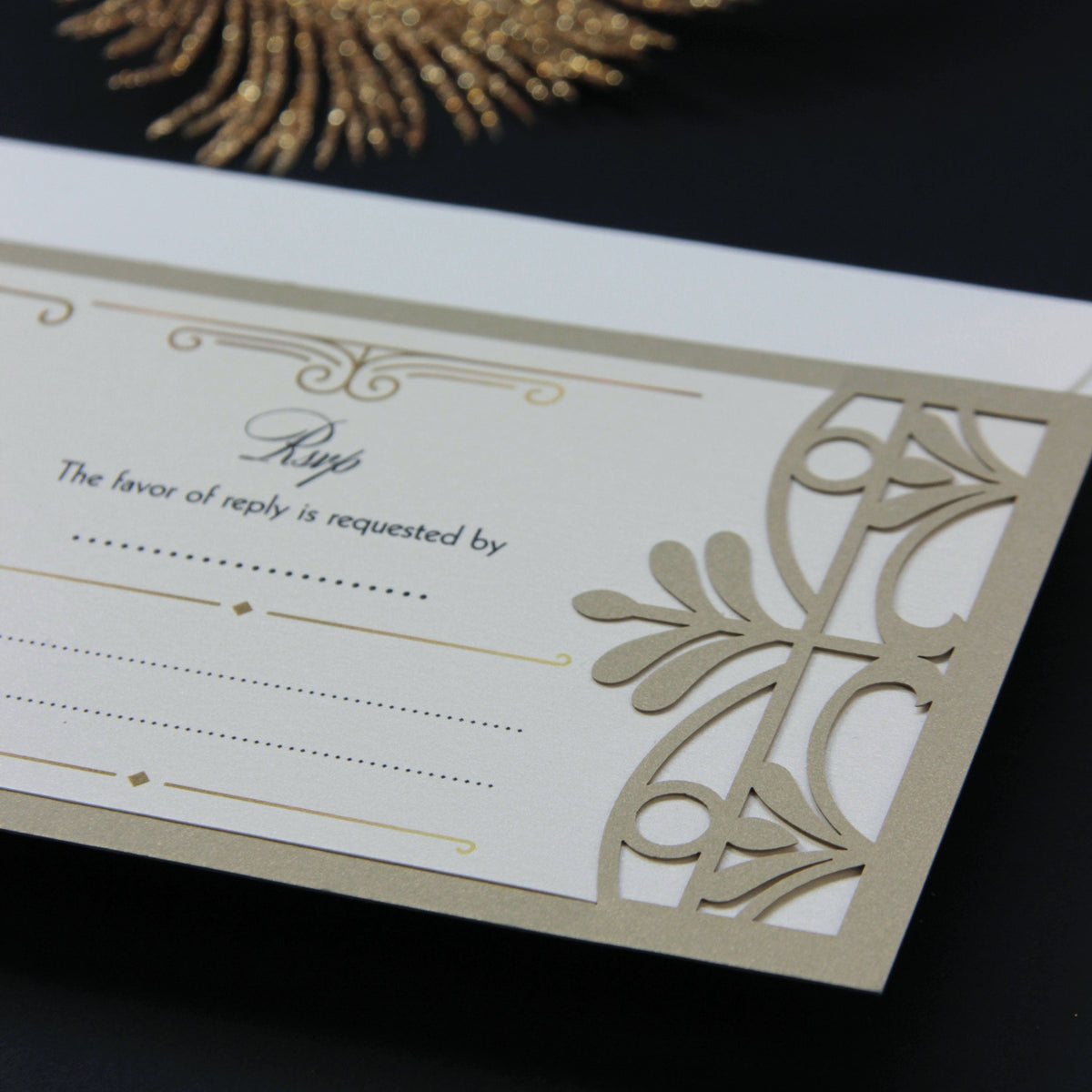 Golden Hollywood Lasercut Art Deco Great Gatsby Gatefold Wedding Reply Card, RSVP