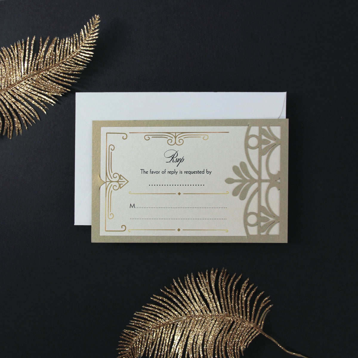 Tarjeta de respuesta de boda plegable estilo Art Deco Great Gatsby, corte láser, Golden Hollywood, Rsvp