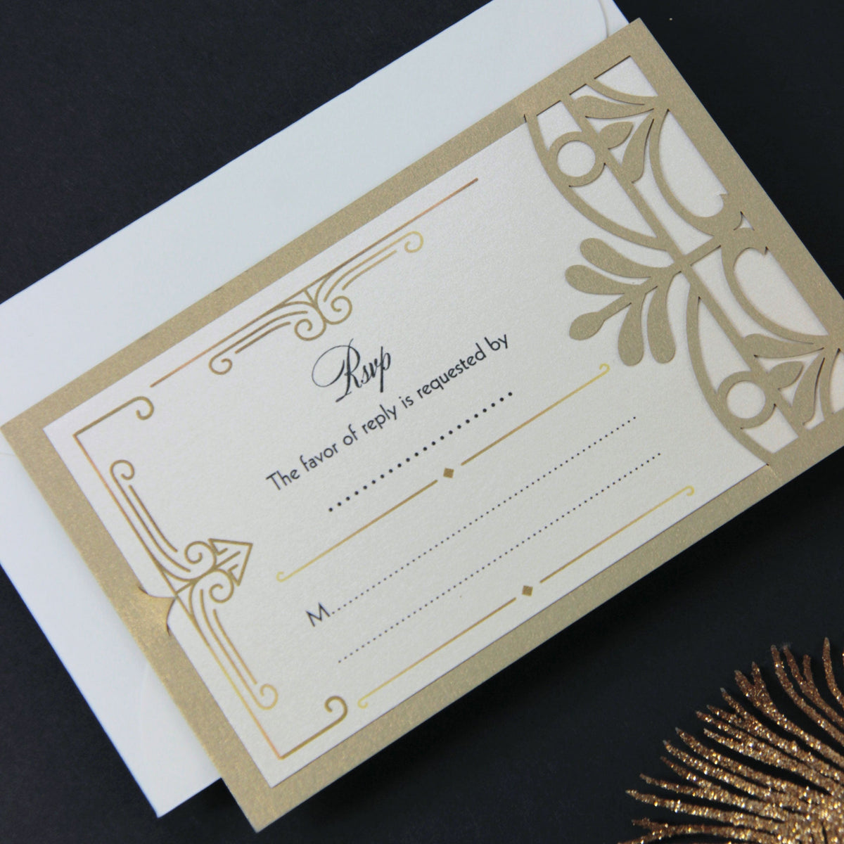 Tarjeta de respuesta de boda plegable estilo Art Deco Great Gatsby, corte láser, Golden Hollywood, Rsvp