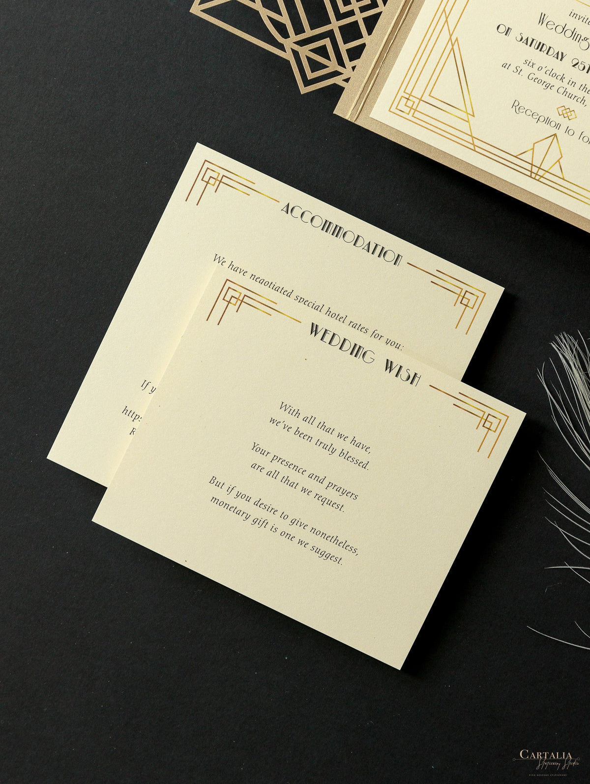 Art déco Laser Cut Great Gatsby Laser Cut Pocketfold Wedding Invitation Suite avec 3 niveaux: Informations invitées et voyage et carte RSVP