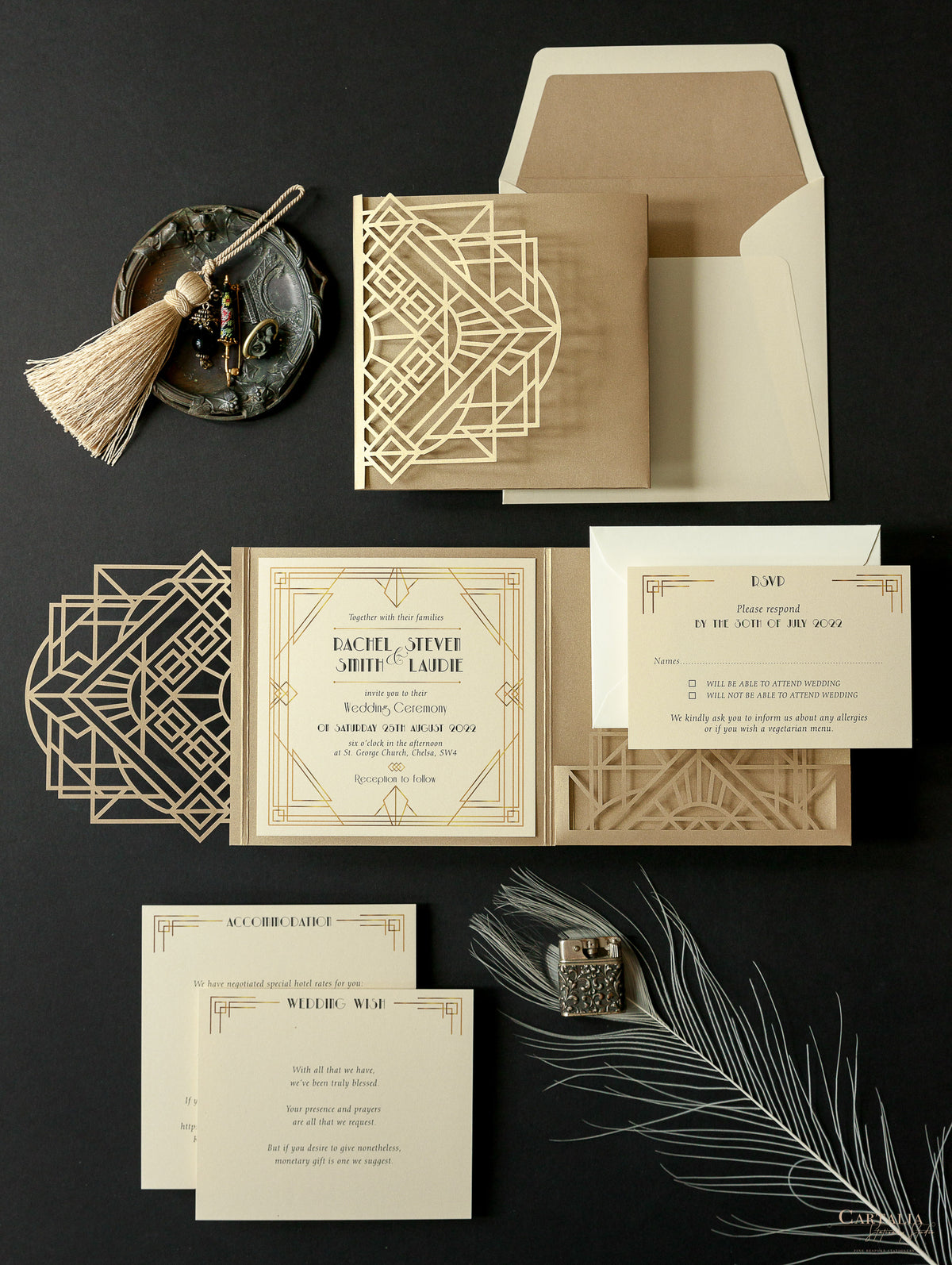 Art déco Laser Cut Great Gatsby Laser Cut Pocketfold Wedding Invitation Suite avec 3 niveaux: Informations invitées et voyage et carte RSVP