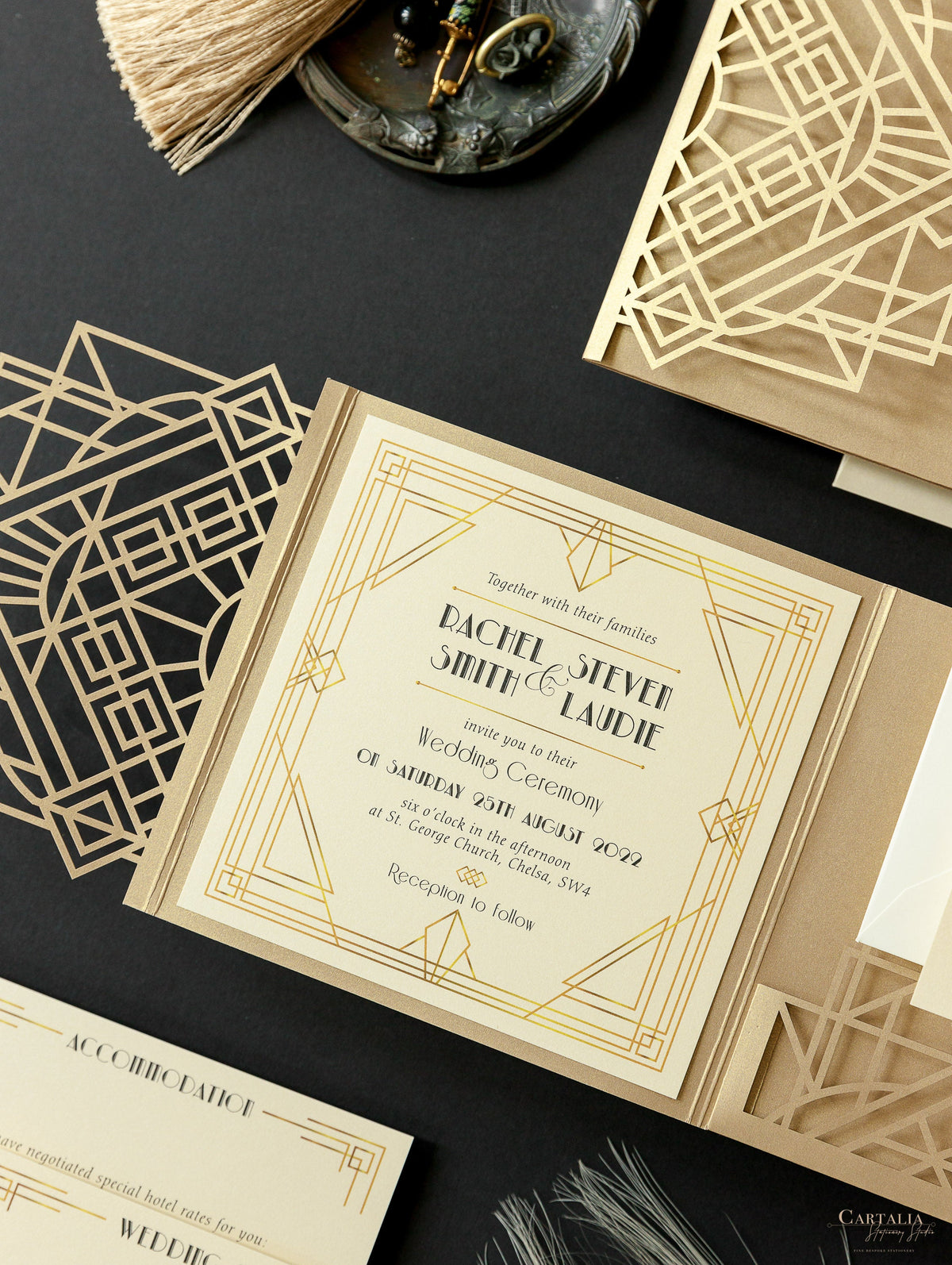 Suite de invitación de boda Art Deco cortada con láser Great Gatsby, cortada con láser, con bolsillo y 3 niveles: información para huéspedes, viajes y tarjeta de confirmación de asistencia