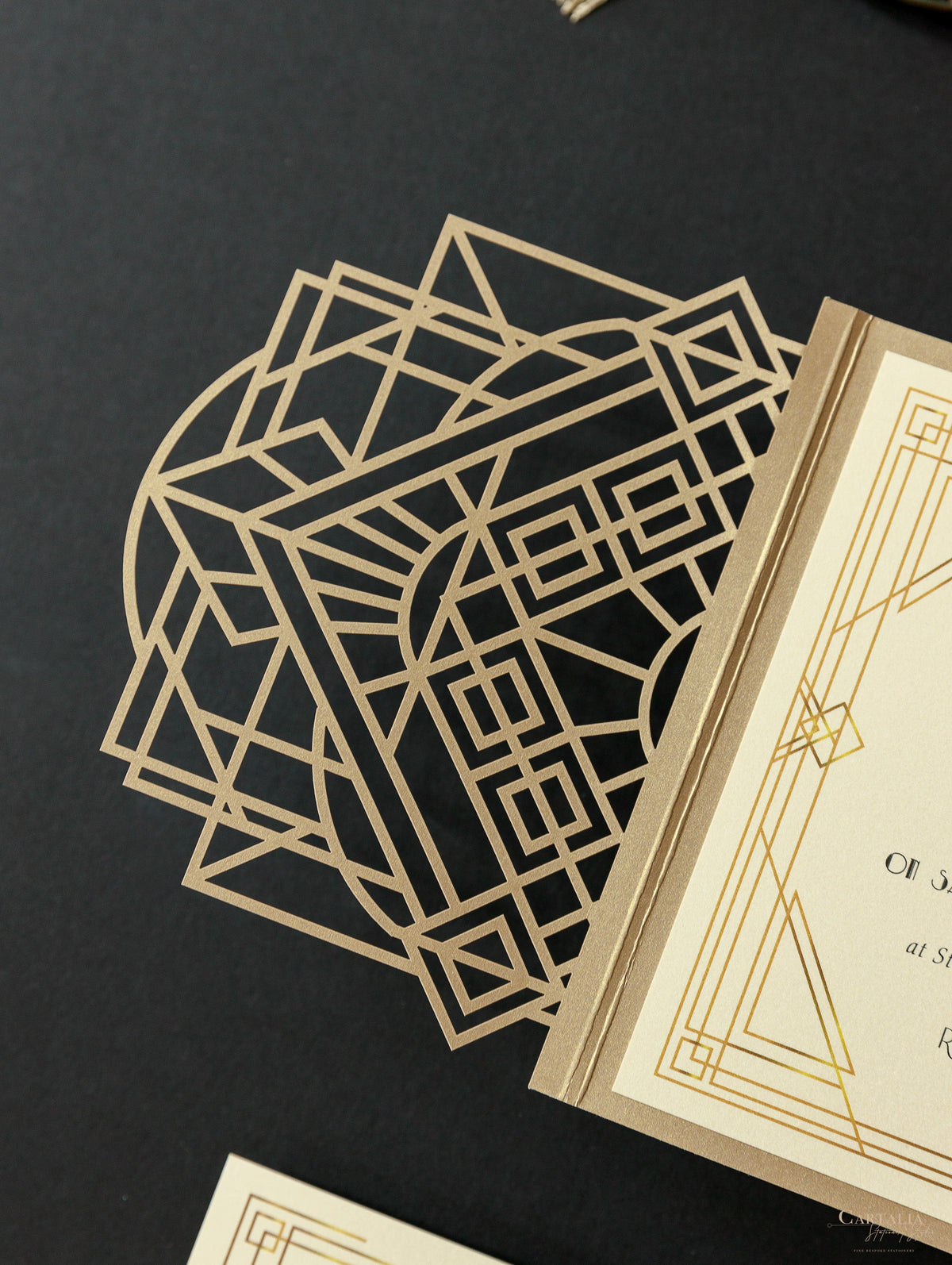 Art déco Laser Cut Great Gatsby Laser Cut Pocketfold Wedding Invitation Suite avec 3 niveaux: Informations invitées et voyage et carte RSVP