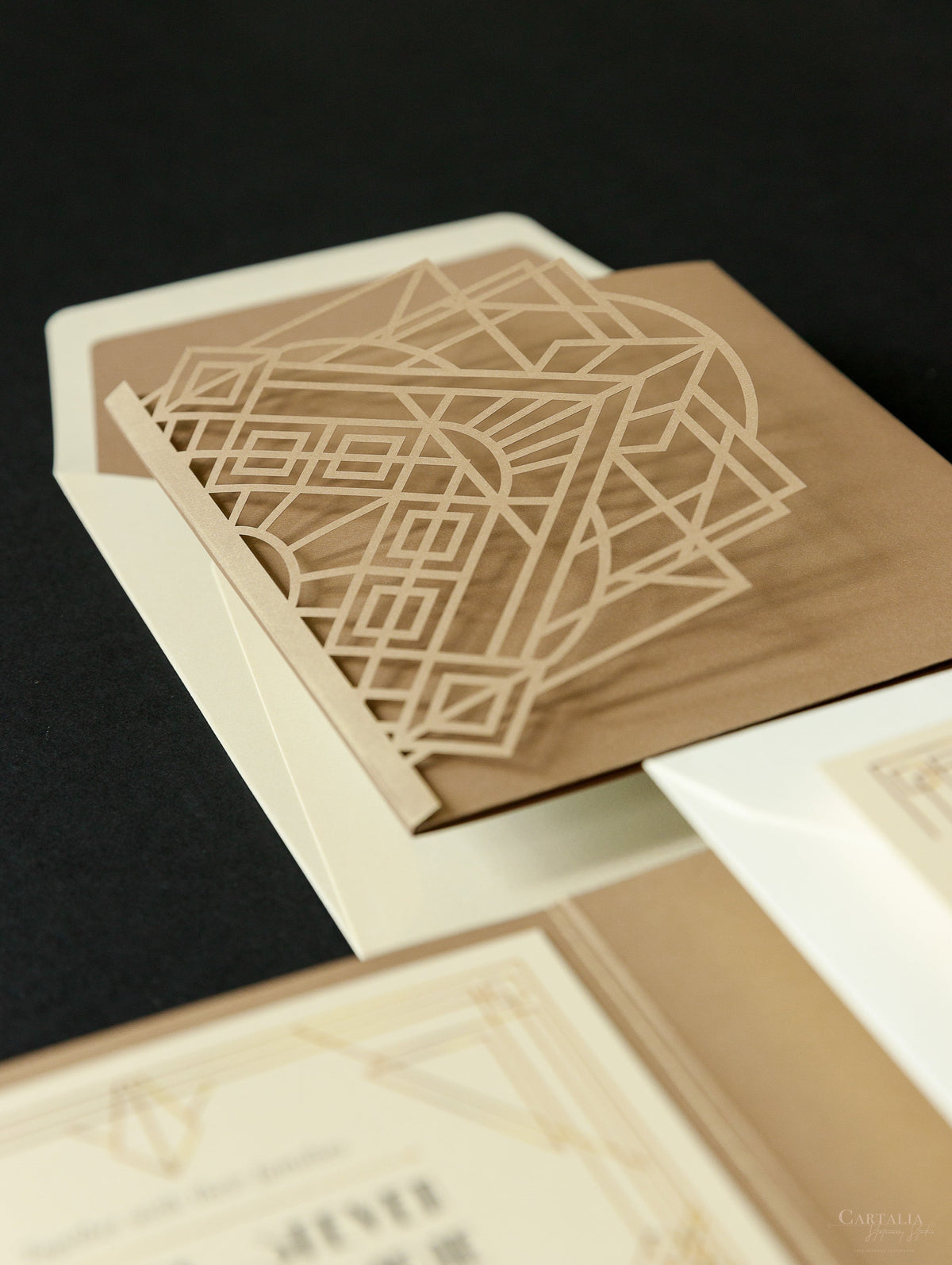 Art Deco Laser Cut Great Gatsby Laser Cut Pocketfold Wedding Invitation Suite with 3 Tier :  Guest Info & Travel & Rsvp Card