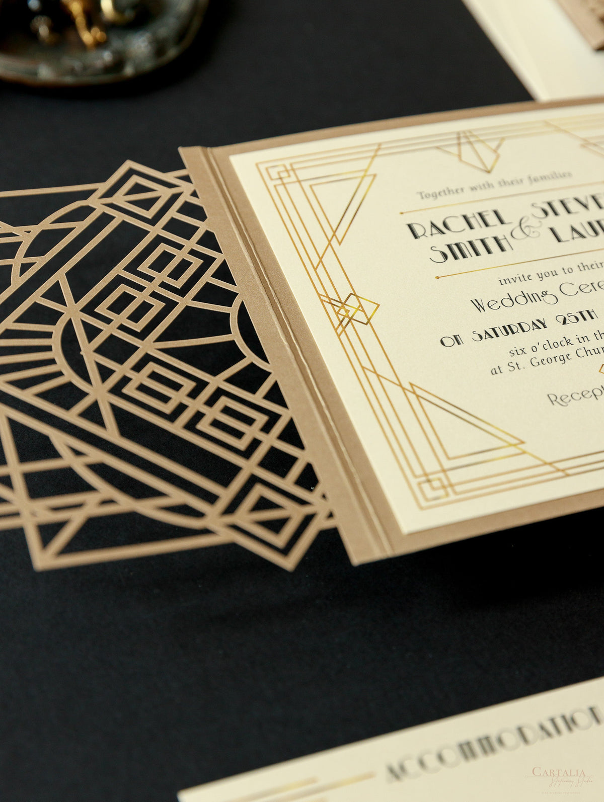 Suite per inviti di nozze tascabili con taglio laser Art Déco, taglio laser Great Gatsby, a 3 livelli: informazioni sugli ospiti, viaggio e tessera RSVP