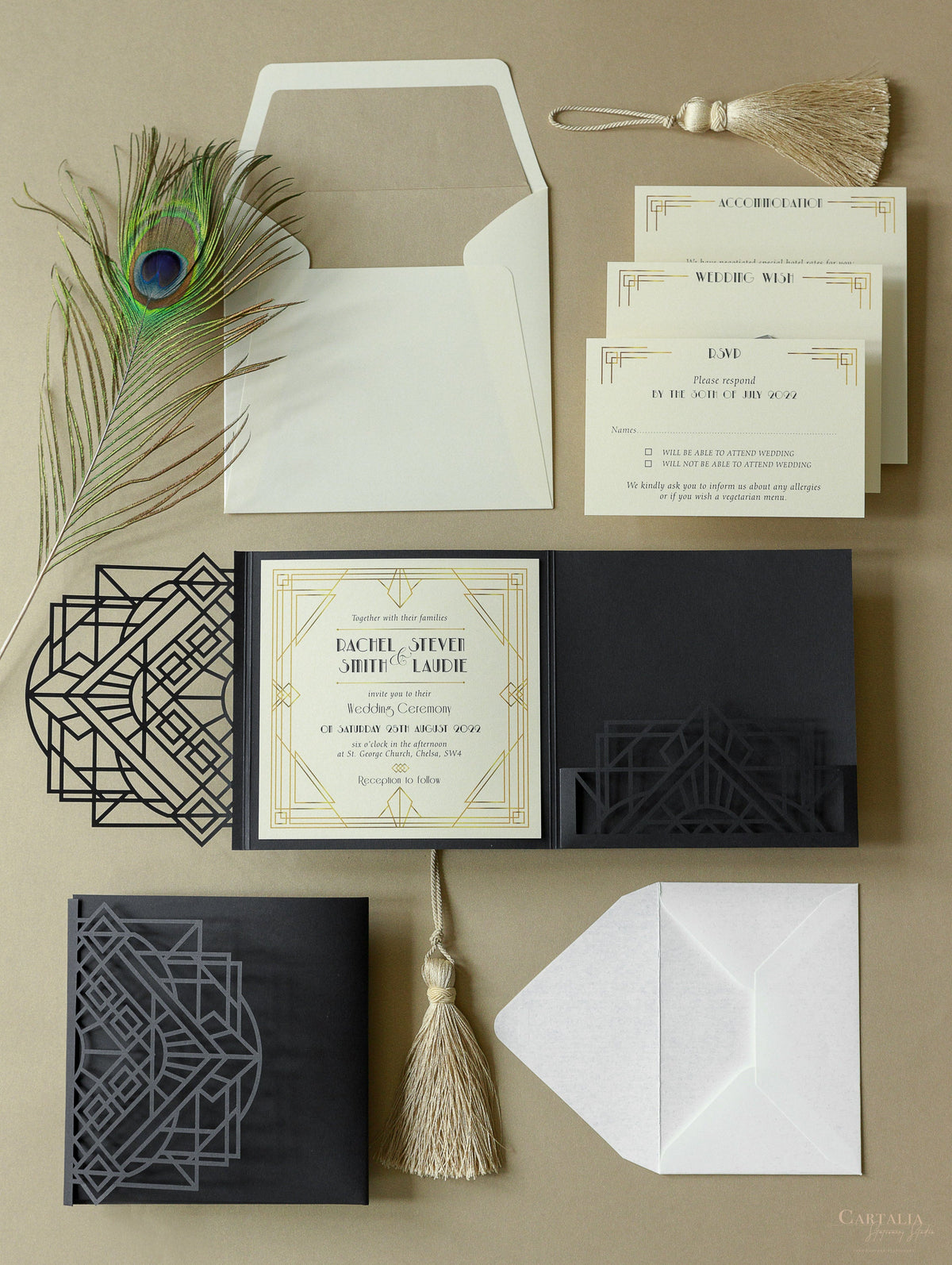 Suite per inviti di nozze tascabili con taglio laser Art Déco, taglio laser Great Gatsby, a 3 livelli: informazioni sugli ospiti, viaggio e tessera RSVP