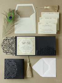 Art déco Laser Cut Great Gatsby Laser Cut Pocketfold Wedding Invitation Suite avec 3 niveaux: Informations invitées et voyage et carte RSVP