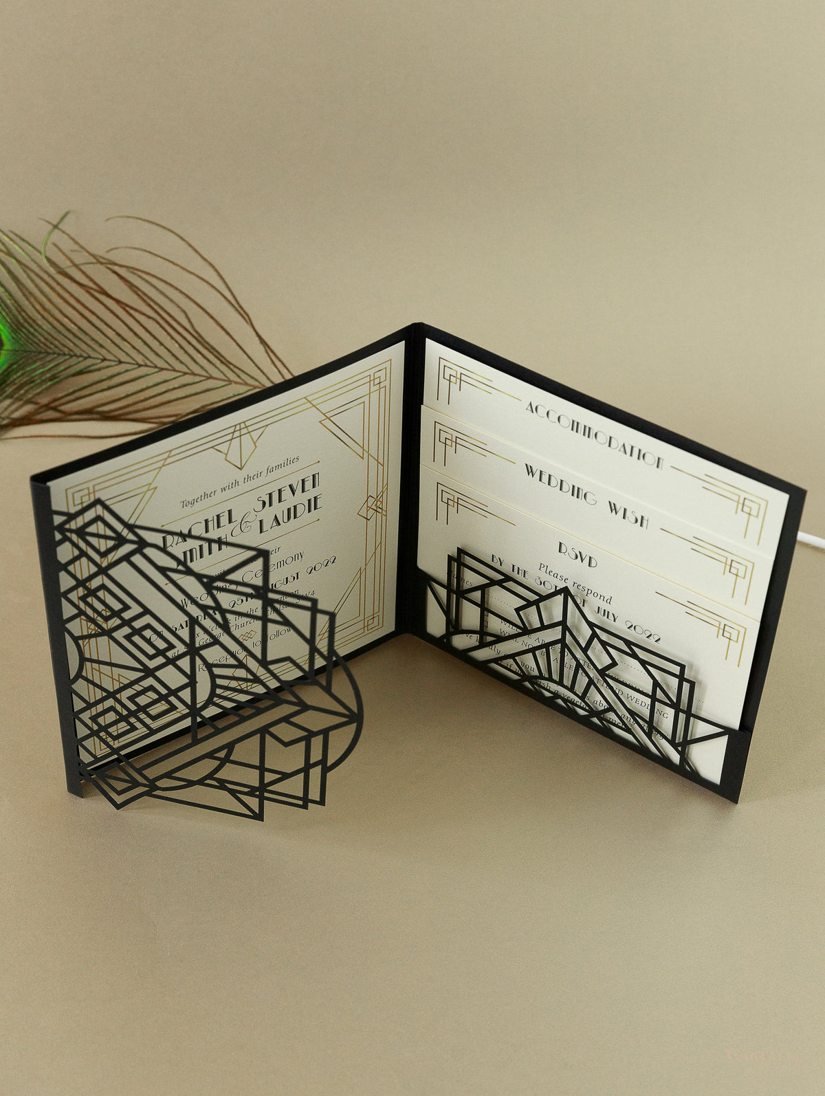 Art déco Laser Cut Great Gatsby Laser Cut Pocketfold Wedding Invitation Suite avec 3 niveaux: Informations invitées et voyage et carte RSVP