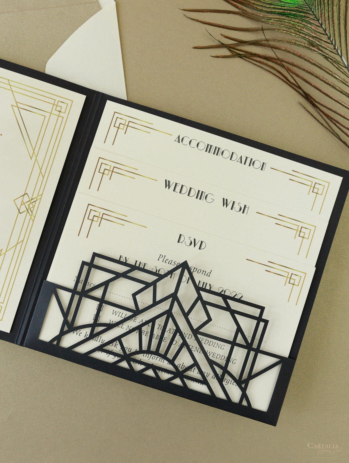 Suite de invitación de boda Art Deco cortada con láser Great Gatsby, cortada con láser, con bolsillo y 3 niveles: información para huéspedes, viajes y tarjeta de confirmación de asistencia