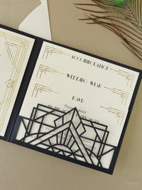 Art déco Laser Cut Great Gatsby Laser Cut Pocketfold Wedding Invitation Suite avec 3 niveaux: Informations invitées et voyage et carte RSVP