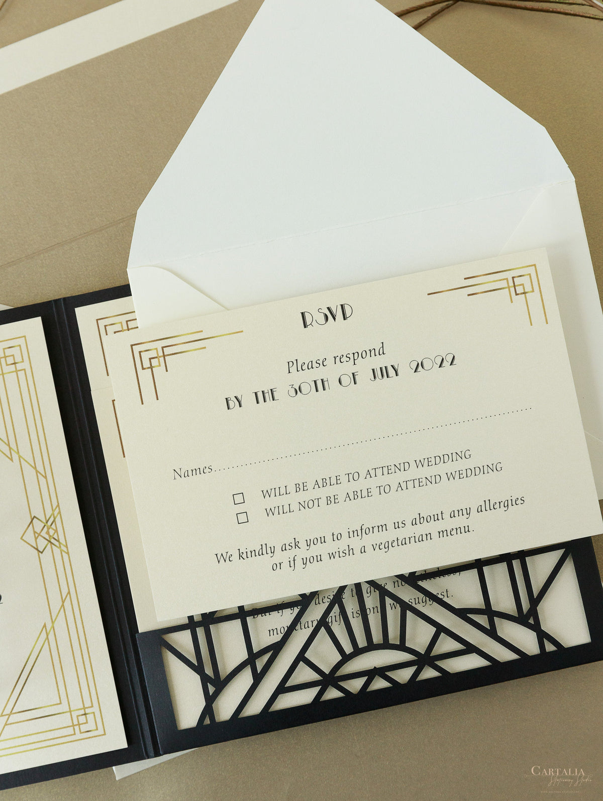 Art déco Laser Cut Great Gatsby Laser Cut Pocketfold Wedding Invitation Suite avec 3 niveaux: Informations invitées et voyage et carte RSVP