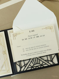 Art Deco Laser Cut Great Gatsby Laser Cut Pocketfold Wedding Invitation Suite with 3 Tier :  Guest Info & Travel & Rsvp Card