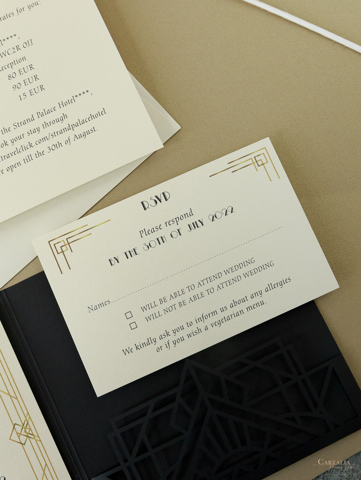 Art Deco Laser Cut Great Gatsby Laser Cut Pocketfold Wedding Invitation Suite with 3 Tier :  Guest Info & Travel & Rsvp Card