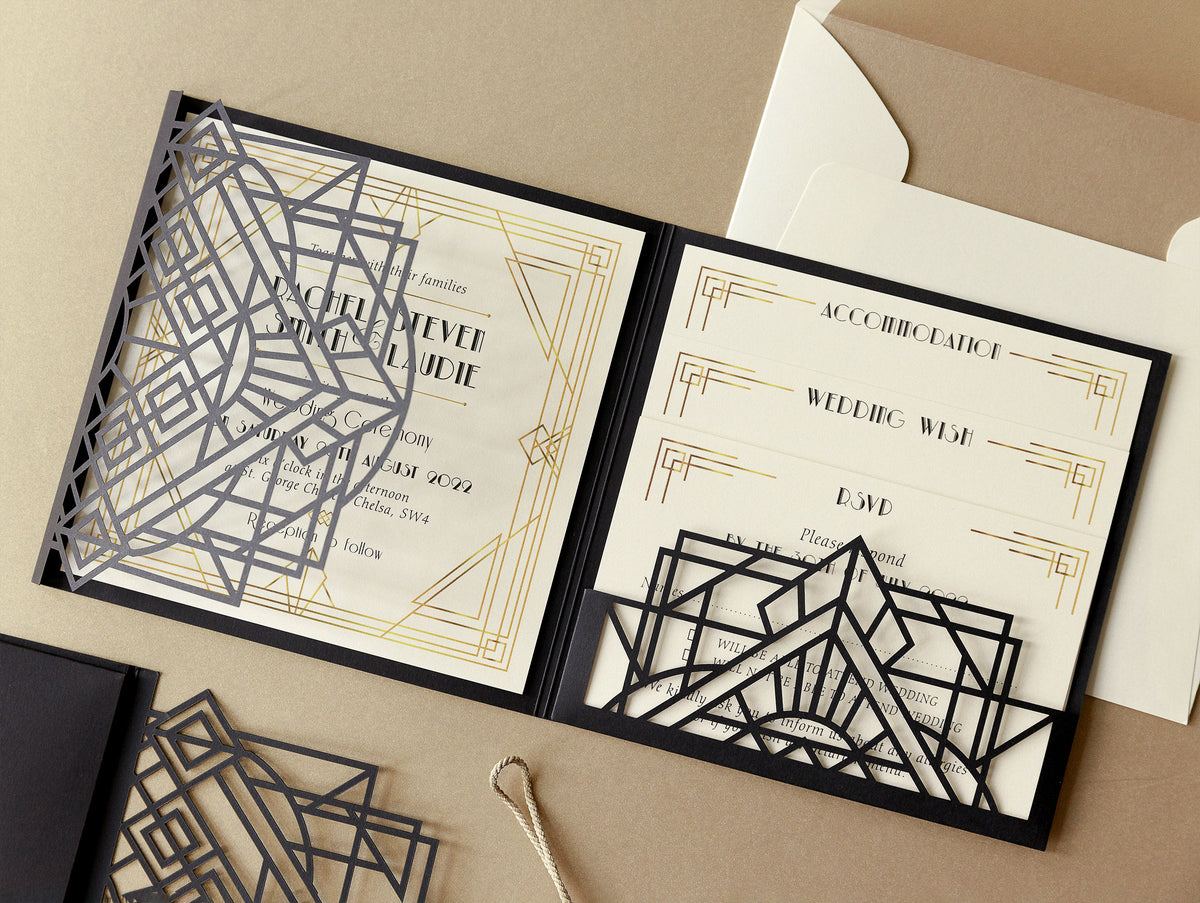 Art déco Laser Cut Great Gatsby Laser Cut Pocketfold Wedding Invitation Suite avec 3 niveaux: Informations invitées et voyage et carte RSVP