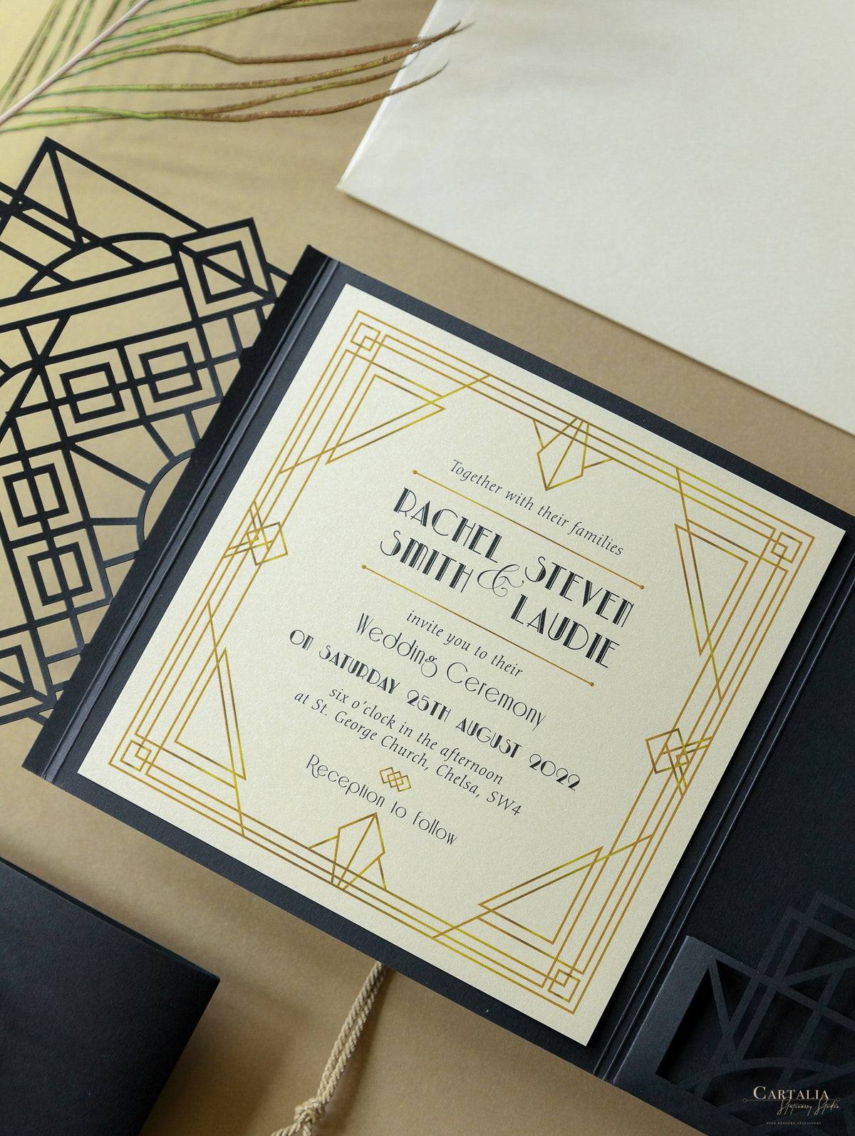 Suite de invitación de boda Art Deco cortada con láser Great Gatsby, cortada con láser, con bolsillo y 3 niveles: información para huéspedes, viajes y tarjeta de confirmación de asistencia