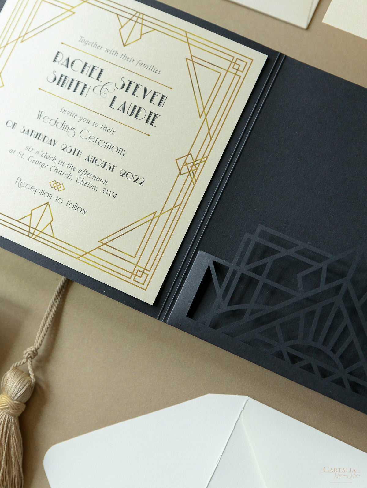 Art déco Laser Cut Great Gatsby Laser Cut Pocketfold Wedding Invitation Suite avec 3 niveaux: Informations invitées et voyage et carte RSVP