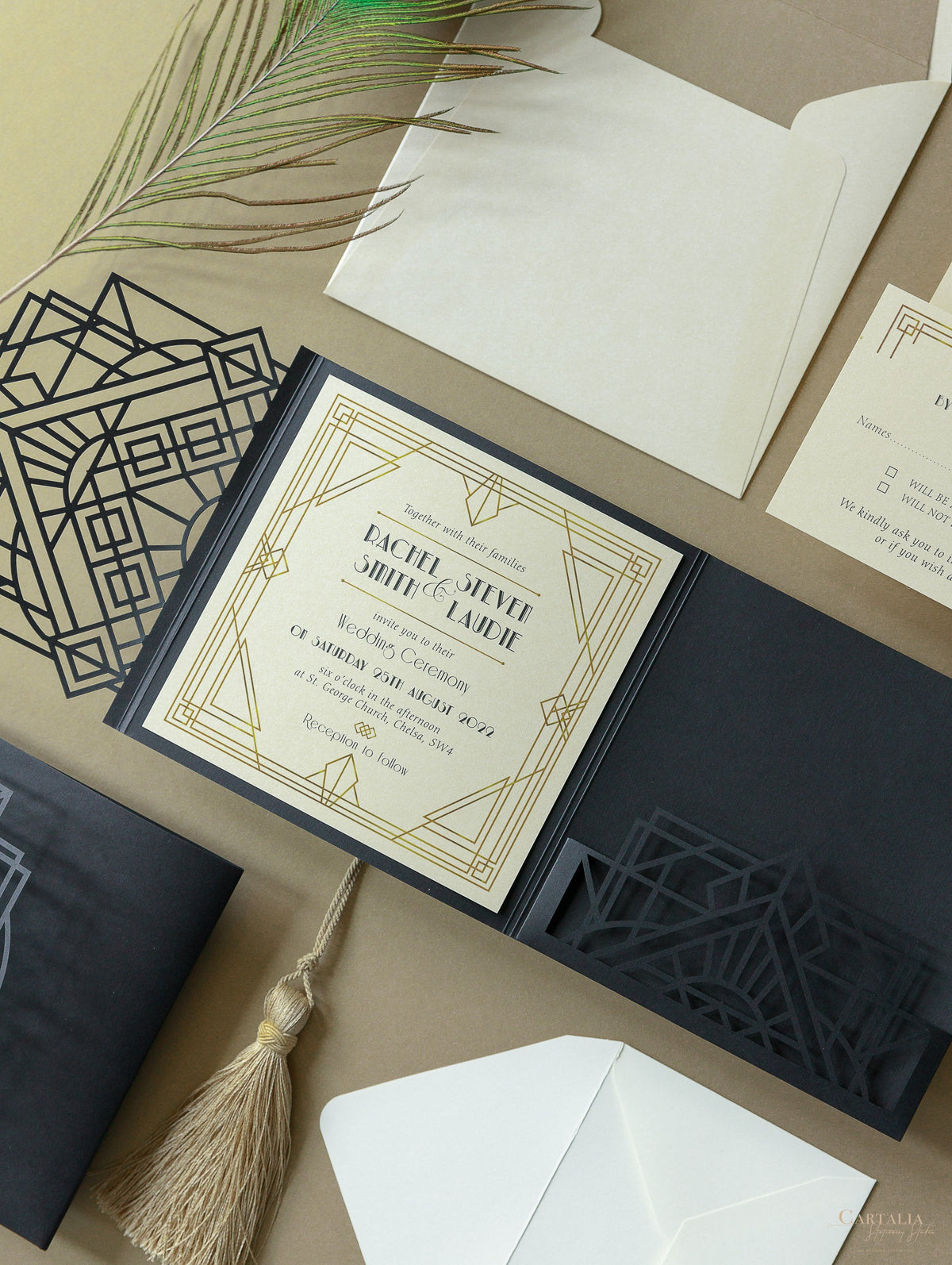 Suite de invitación de boda Art Deco cortada con láser Great Gatsby, cortada con láser, con bolsillo y 3 niveles: información para huéspedes, viajes y tarjeta de confirmación de asistencia