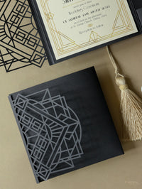 Art déco Laser Cut Great Gatsby Laser Cut Pocketfold Wedding Invitation Suite avec 3 niveaux: Informations invitées et voyage et carte RSVP