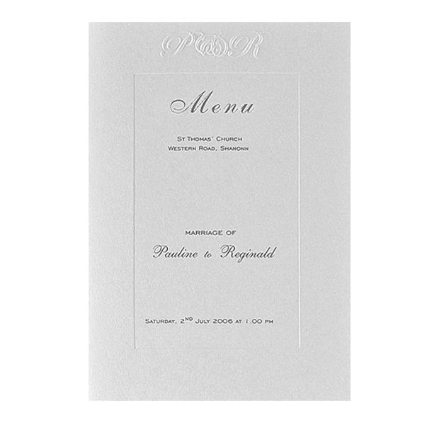 Ordine di servizio/menu in bianco metallizzato goffrato di lusso