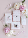 Invito per il giorno in pergamena e RSVP │Fiore di peonie rosa acquerello │ Plexiglass specchiato argento