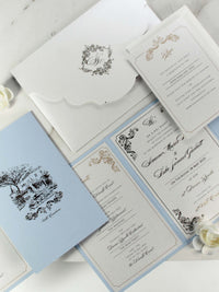 Invitations de l'hôtel Villa Cimbrone | Suite de poche de mariage avec feuille d'or et croquis de lieu de mariage