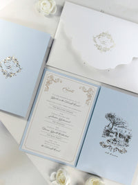 Invitations de l'hôtel Villa Cimbrone | Suite de poche de mariage avec feuille d'or et croquis de lieu de mariage