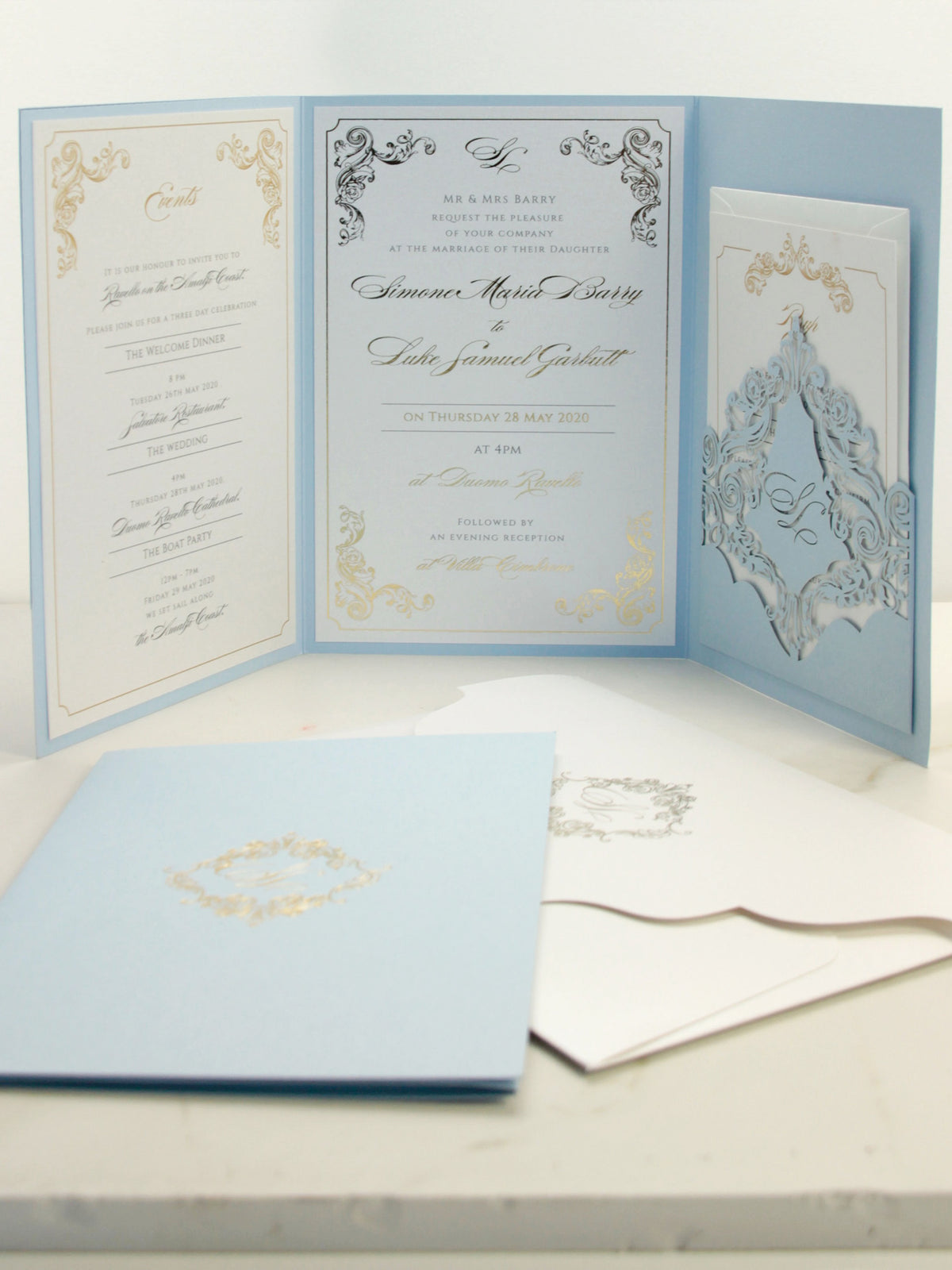 Invitations de l'hôtel Villa Cimbrone | Suite de poche de mariage avec feuille d'or et croquis de lieu de mariage