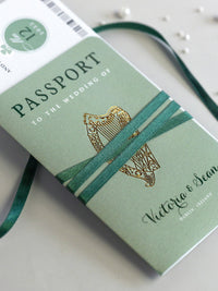 IRISH Passport Wedding Invitation with Lucky Shamrock + Rsvp/Boarding Pass