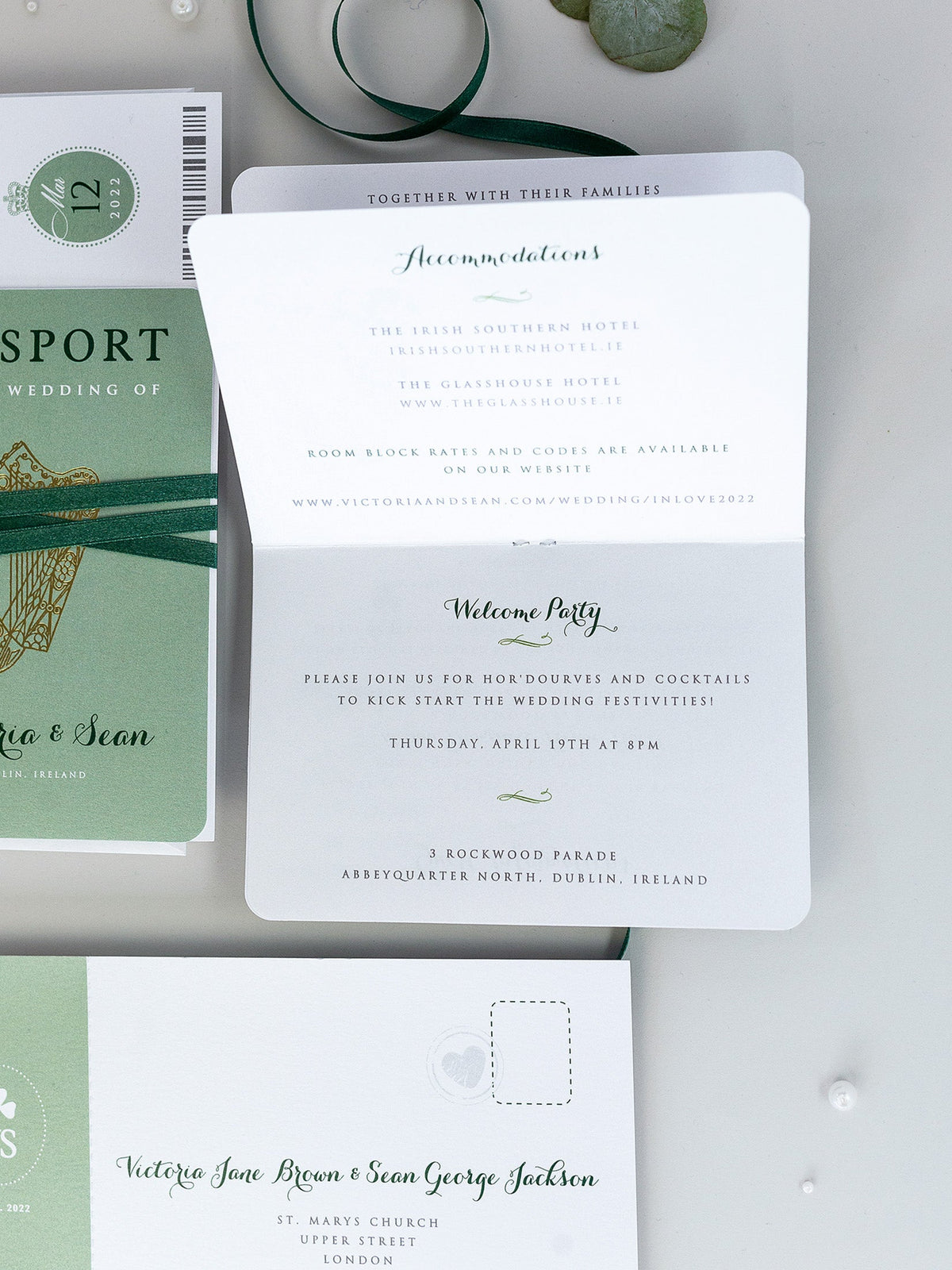 IRISH Passport Wedding Invitation with Lucky Shamrock + Rsvp/Boarding Pass