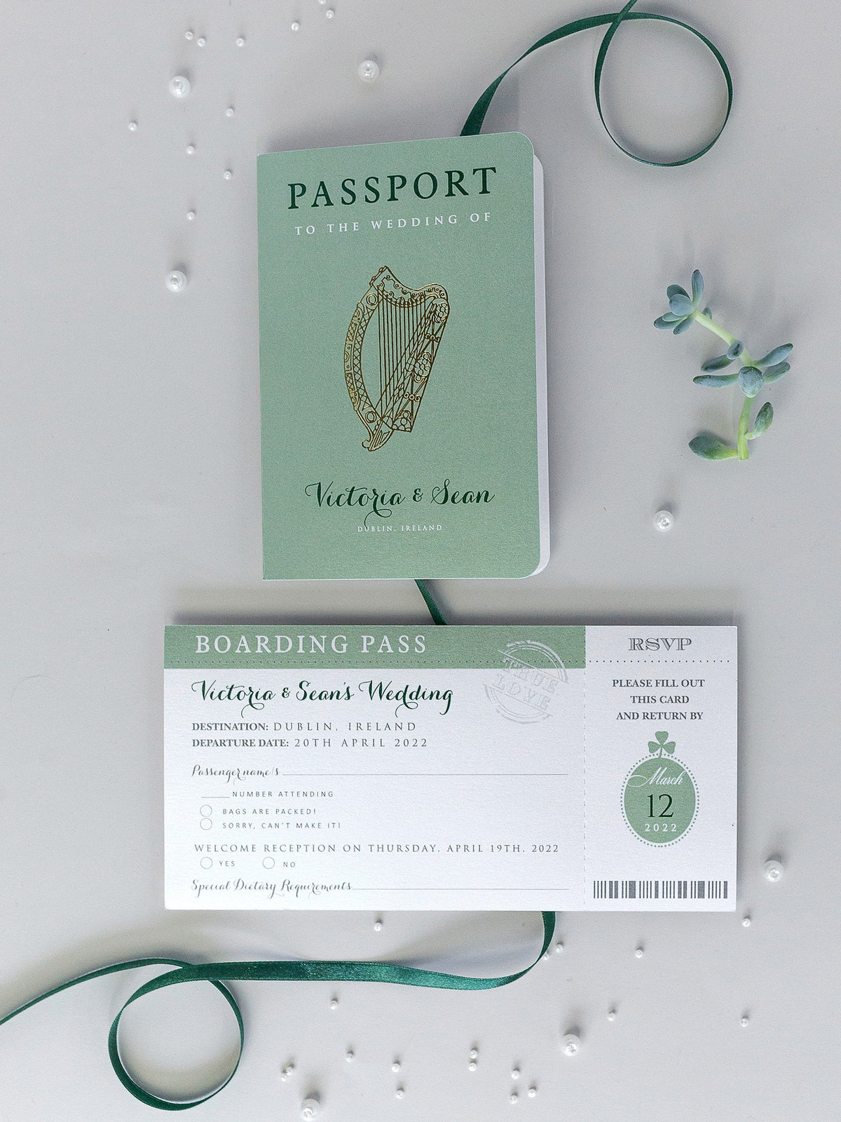 Invitation de mariage irlandaise avec Lucky Shamrock + RSVP / Boarding Pass