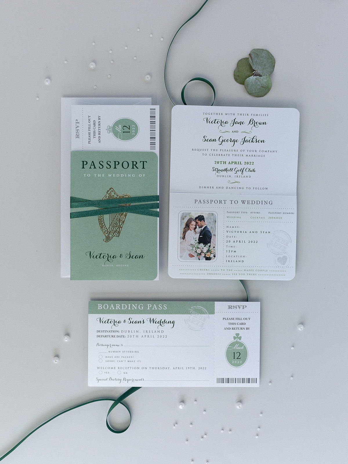 Invitation de mariage irlandaise avec Lucky Shamrock + RSVP / Boarding Pass