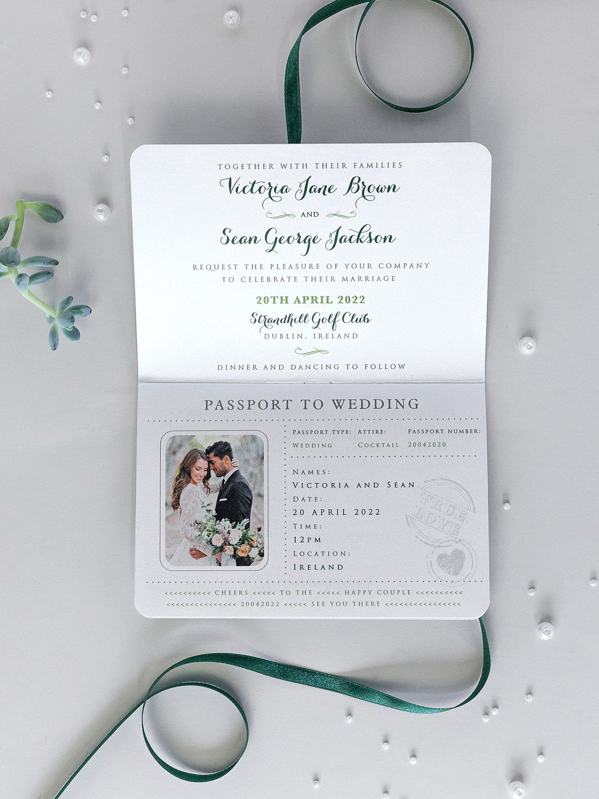 IRISH Passport Wedding Invitation with Lucky Shamrock + Rsvp/Boarding Pass