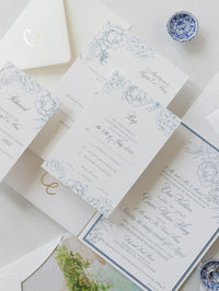 Invitaciones de boda de bolsillo de lujo en Laguna Beach, California, en azul polvoriento | Comisión C&amp;E a medida