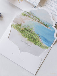 Luxury Pocket Laguna Beach Wedding Invitations, Californie en bleu poussiéreux | Commission sur mesure C&E