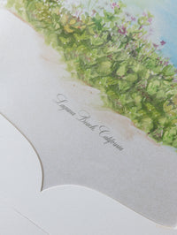 Inviti di nozze di lusso tascabili Laguna Beach, California in blu polvere | Commissione su misura C&amp;E
